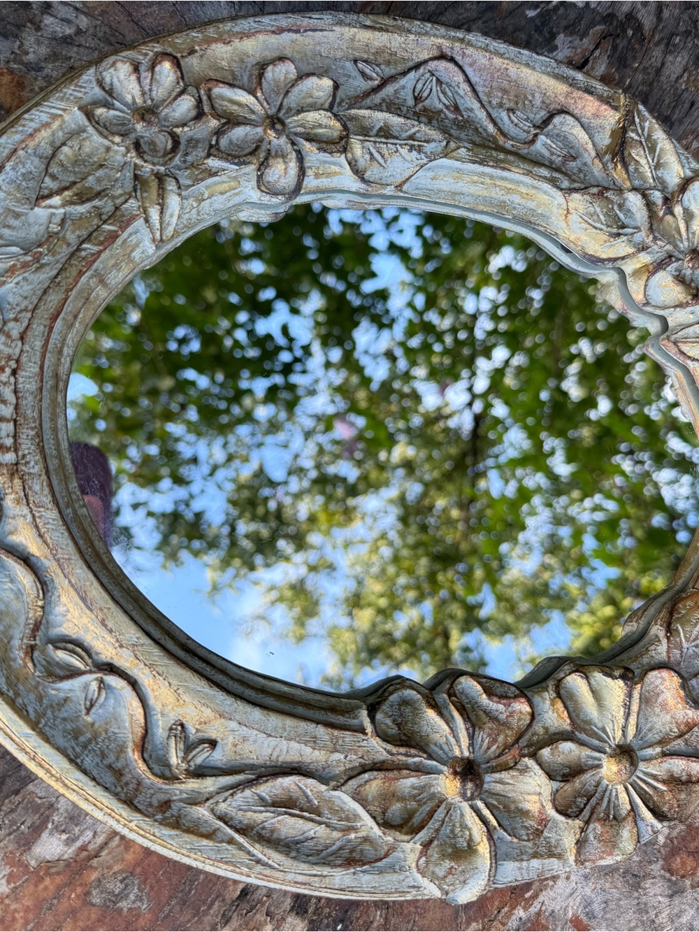 Vintage Floral Round Wall Mirror in Distressed Gold and Cream